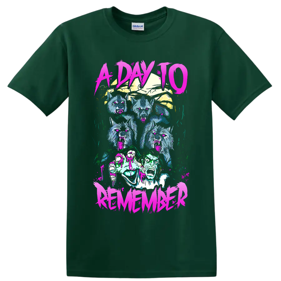 A Day to Remember neon horror graphic with snarling wolves and an undead figure on a Forest Green T Shirt