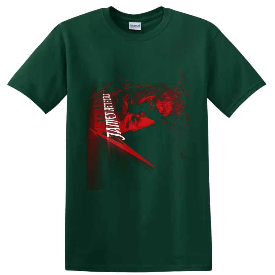 James Hetfield Metallica distressed red and black portrait graphic with vertical band on a Forest Green T Shirt