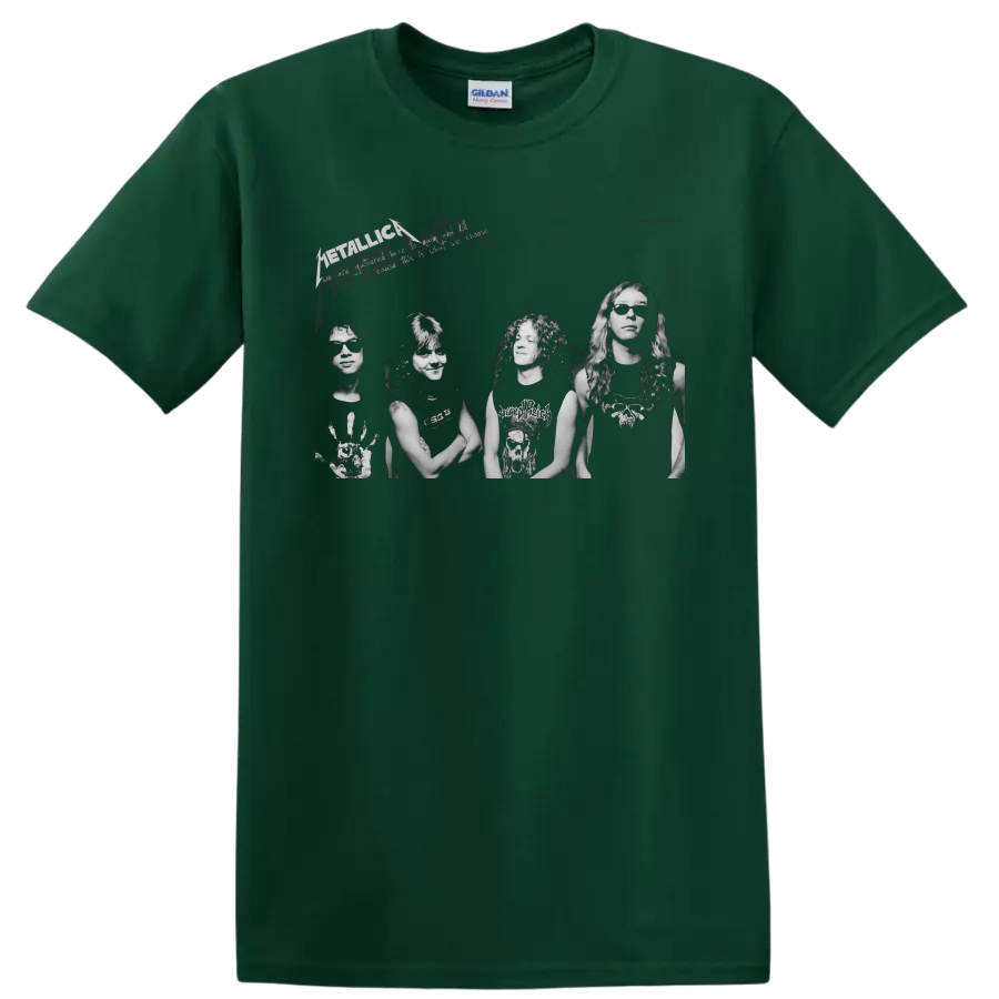 Metallica band photo graphic with Kirk Hammett and lightning-style logo on a Forest Green T Shirt