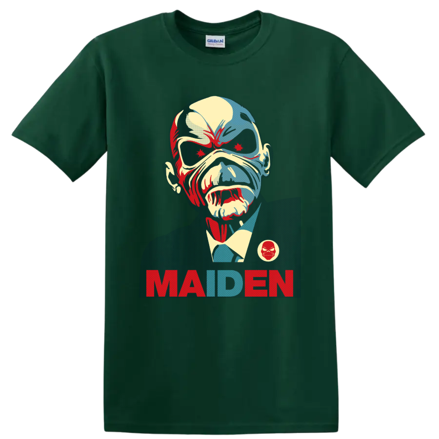 Iron Maiden Eddie the Head portrait in vintage heavy metal poster style with MAIDEN text on a Forest Green T Shirt