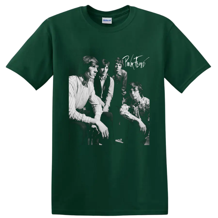 Pink Floyd original lineup black-and-white vintage portrait graphic on a Forest Green T Shirt