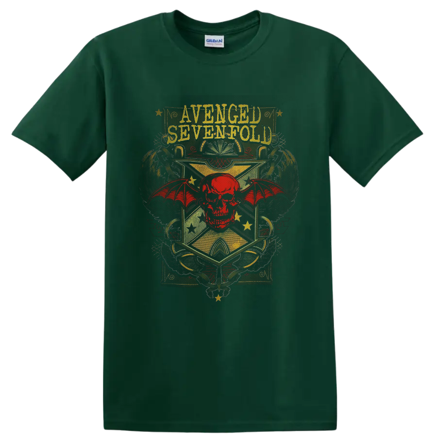 Avenged Sevenfold Deathbat red skull and bat-wing vintage crest graphic on a Forest Green T Shirt