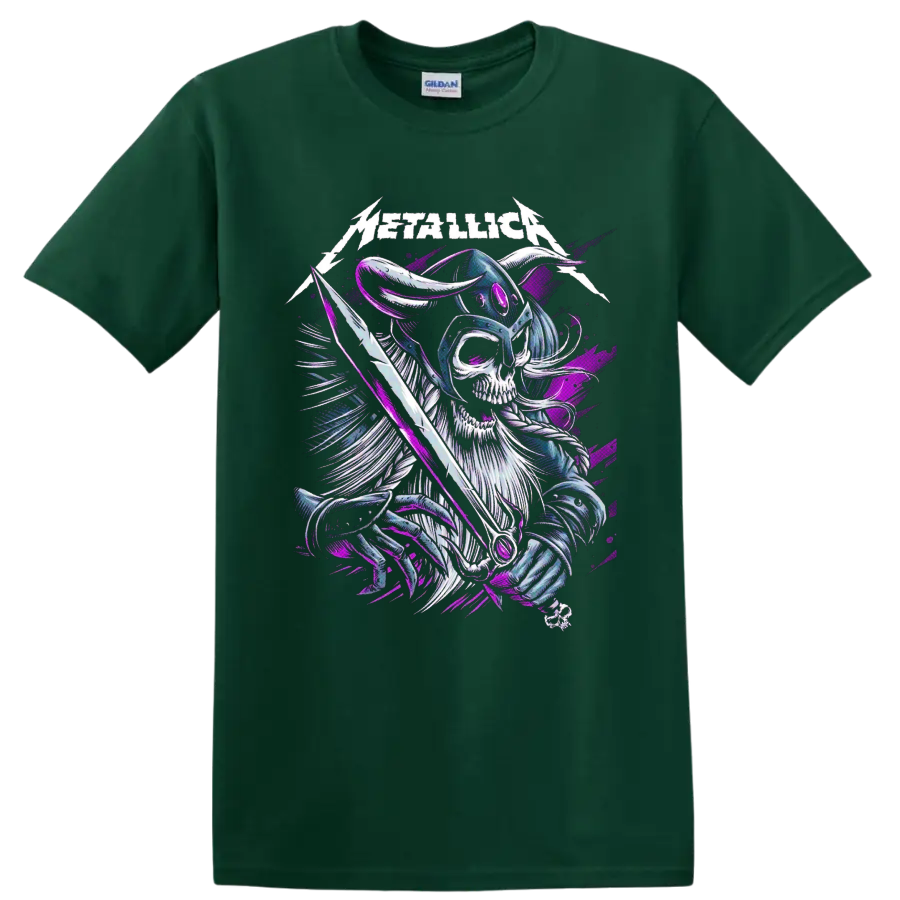 Metallica logo above a horned Viking skeleton warrior with sword in purple and blue art on a Forest Green T Shirt