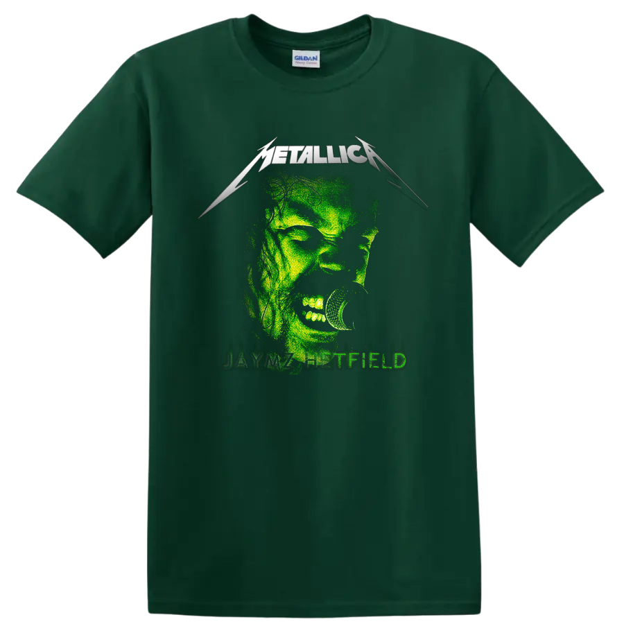 Metallica James Hetfield distressed green microphone portrait with band logo on a Forest Green T Shirt