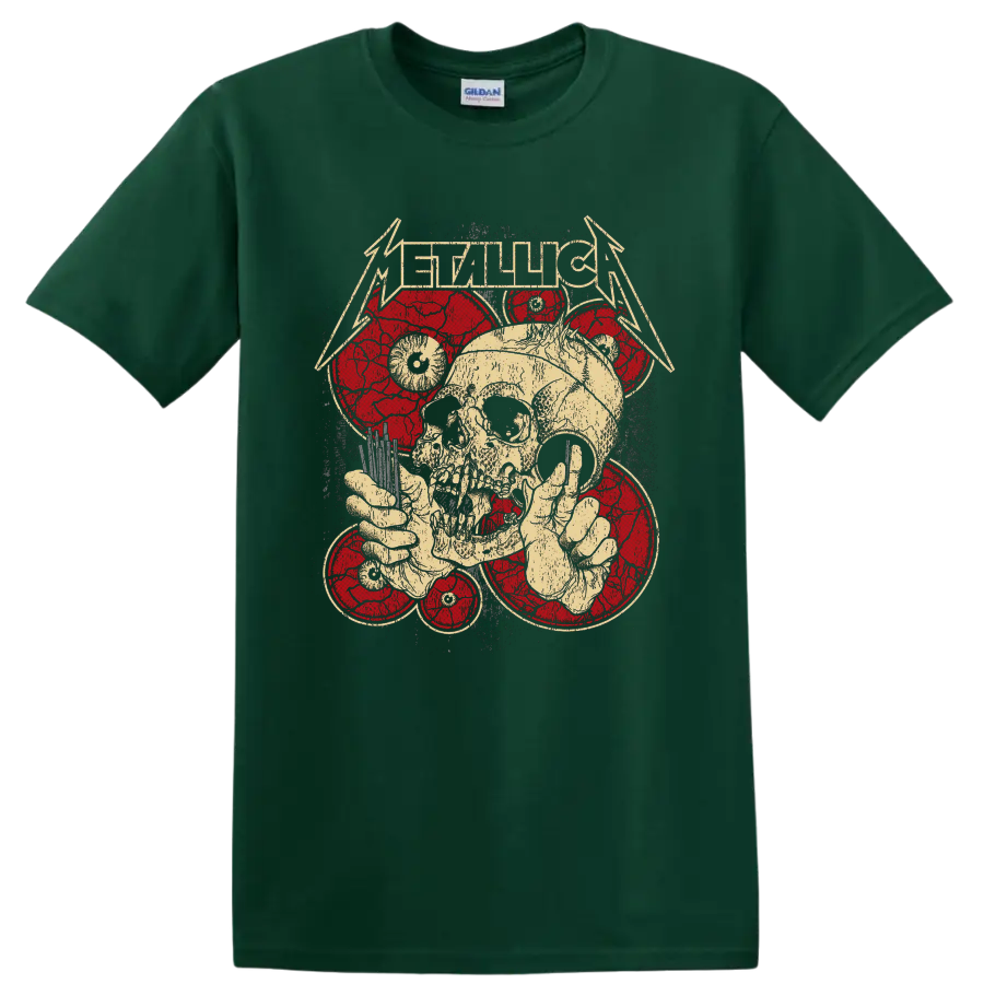 Metallica logo above distressed skull and skeletal hands with red circular graphics on a Forest Green T Shirt