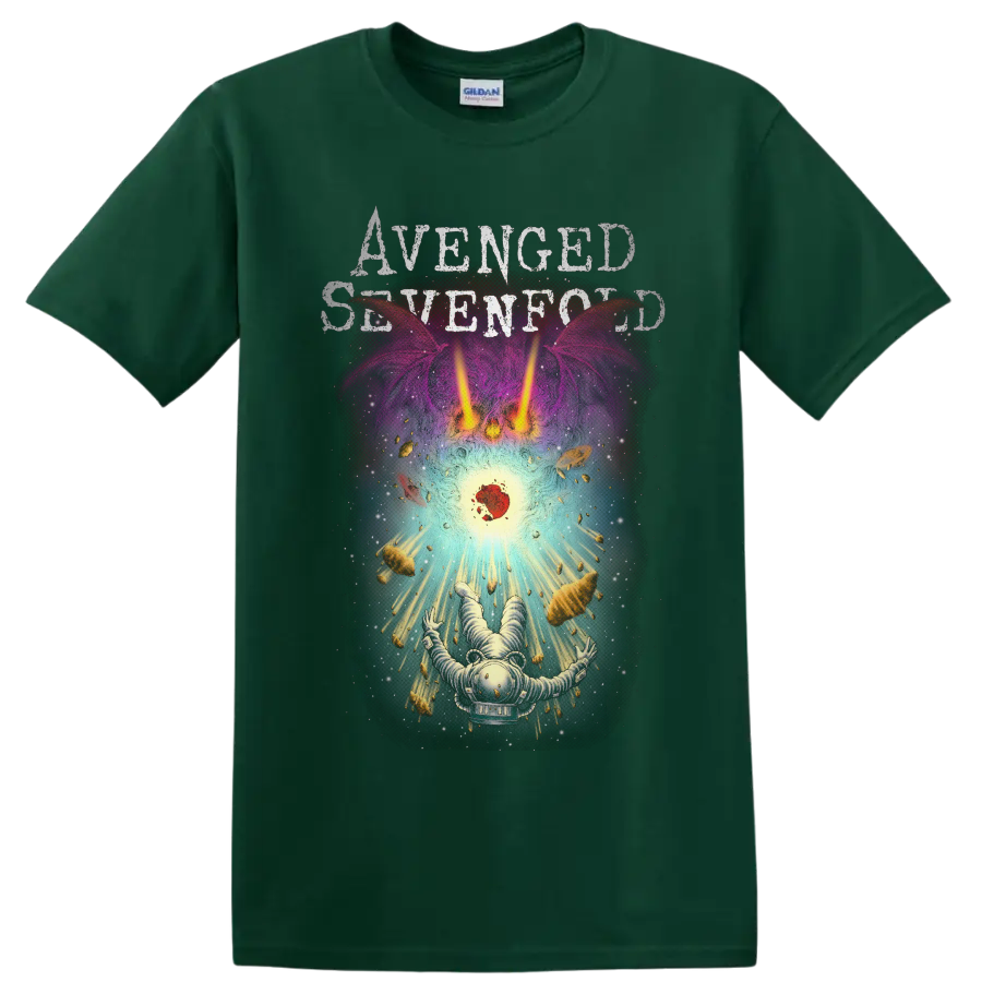 Avenged Sevenfold distressed text above a surreal astronaut cosmic graphic on a Forest Green T Shirt