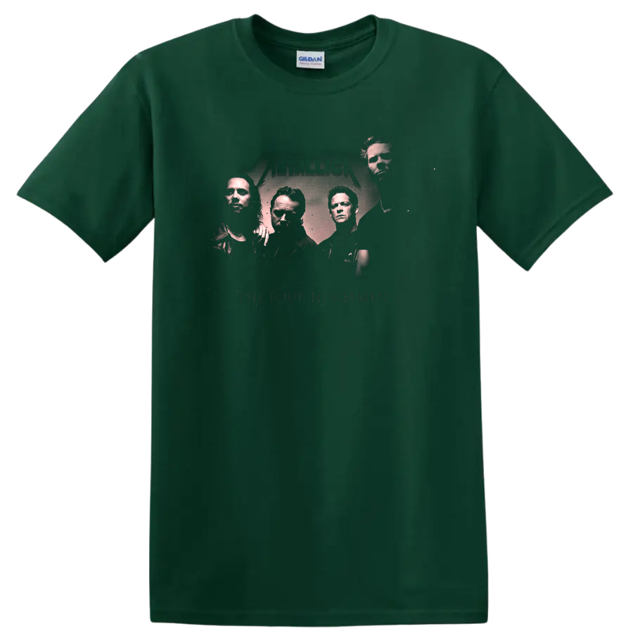 Metallica The Four Horsemen distressed graphic with four band portraits and logo on a Forest Green T Shirt
