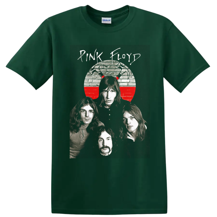 Pink Floyd The Wall band portrait with brick wall circle and red accent on a Forest Green T Shirt