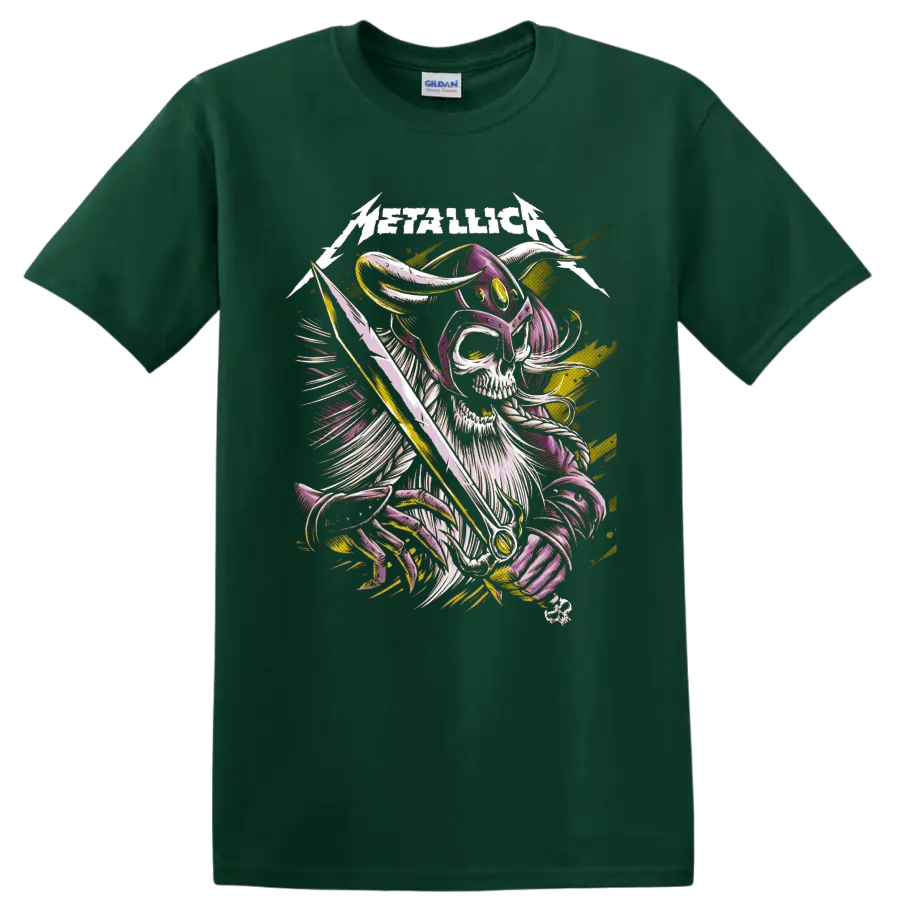 Metallica logo above a horned skeleton warrior with sword and lightning graphic on a Forest Green T Shirt