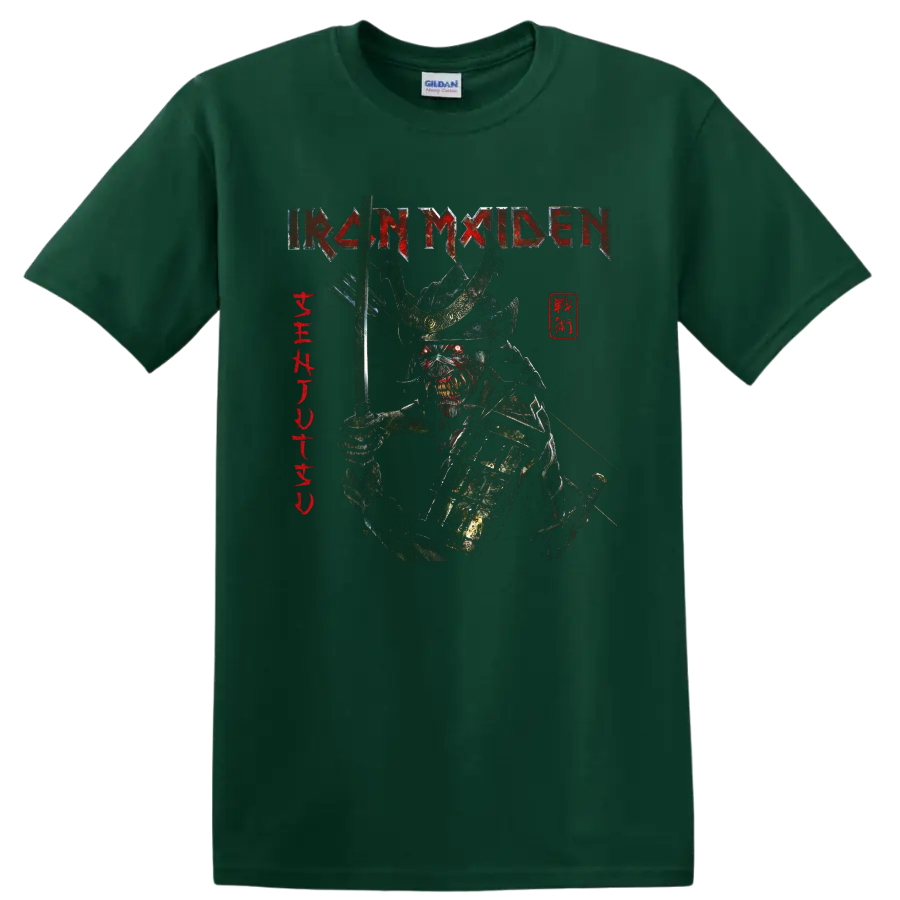 Iron Maiden Senjutsu Eddie armored samurai graphic with sword and distressed band logo on a Forest Green T Shirt