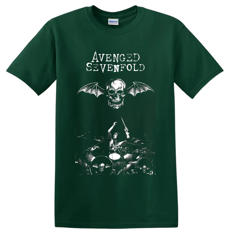 Avenged Sevenfold Deathbat winged skull and live drummer distressed graphic on a Forest Green T Shirt