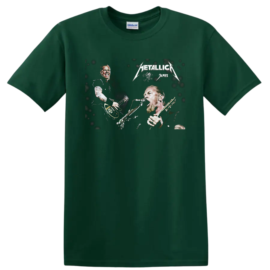 James Hetfield Metallica live-performance graphic with guitar, microphone, and band logos on a Forest Green T Shirt