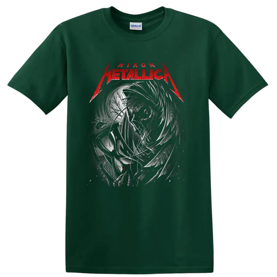 Metallica Nixon Father Time portrait with distressed clockwork art and red accents on a Forest Green T Shirt