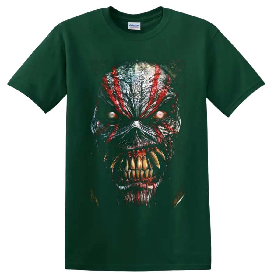 Eddie the Head horror monster portrait graphic with red streaks and glowing eyes on a Forest Green T Shirt