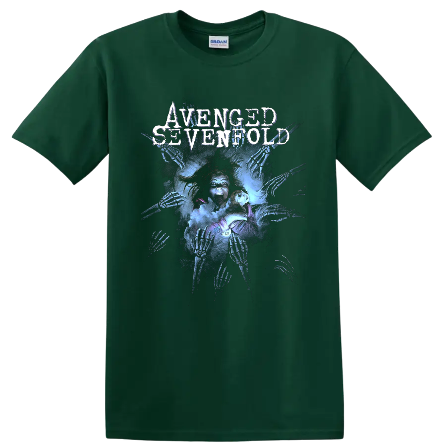 Avenged Sevenfold distressed logo over a haunted figure and reaching skeletal hands on a Forest Green T Shirt