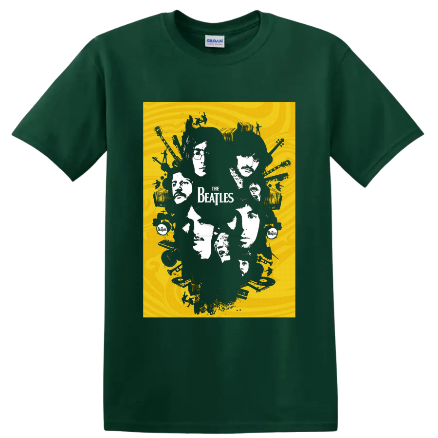 The Beatles four-member portrait collage with guitars, drums, records, and band logo on a Forest Green T Shirt