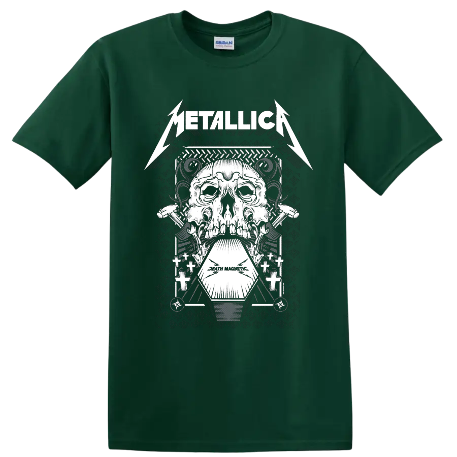 Metallica Death Magnetic skull and coffin industrial heavy metal graphic on a Forest Green T Shirt