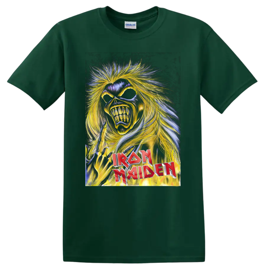 Iron Maiden Killers Eddie the Head snarling heavy metal mascot graphic on a Forest Green T Shirt