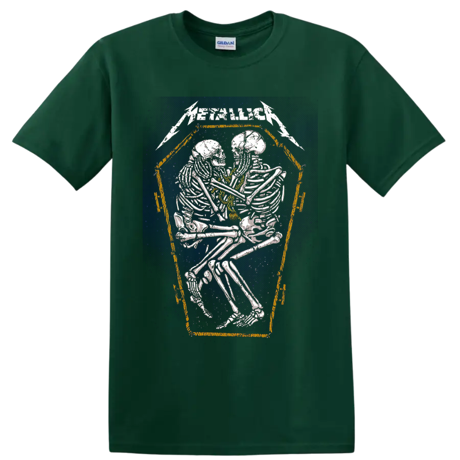 Metallica logo above distressed embracing skeletons in a coffin-shaped frame on a Forest Green T Shirt
