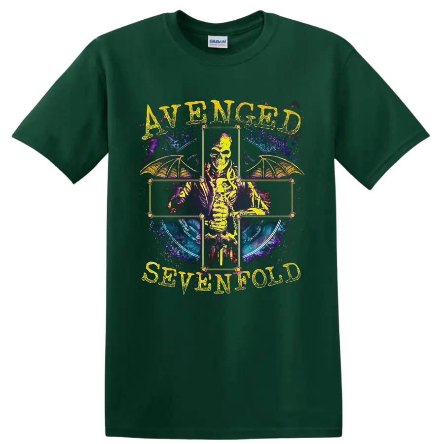 Avenged Sevenfold skeleton with bat wings in a cosmic gothic cross design on a Forest Green T Shirt
