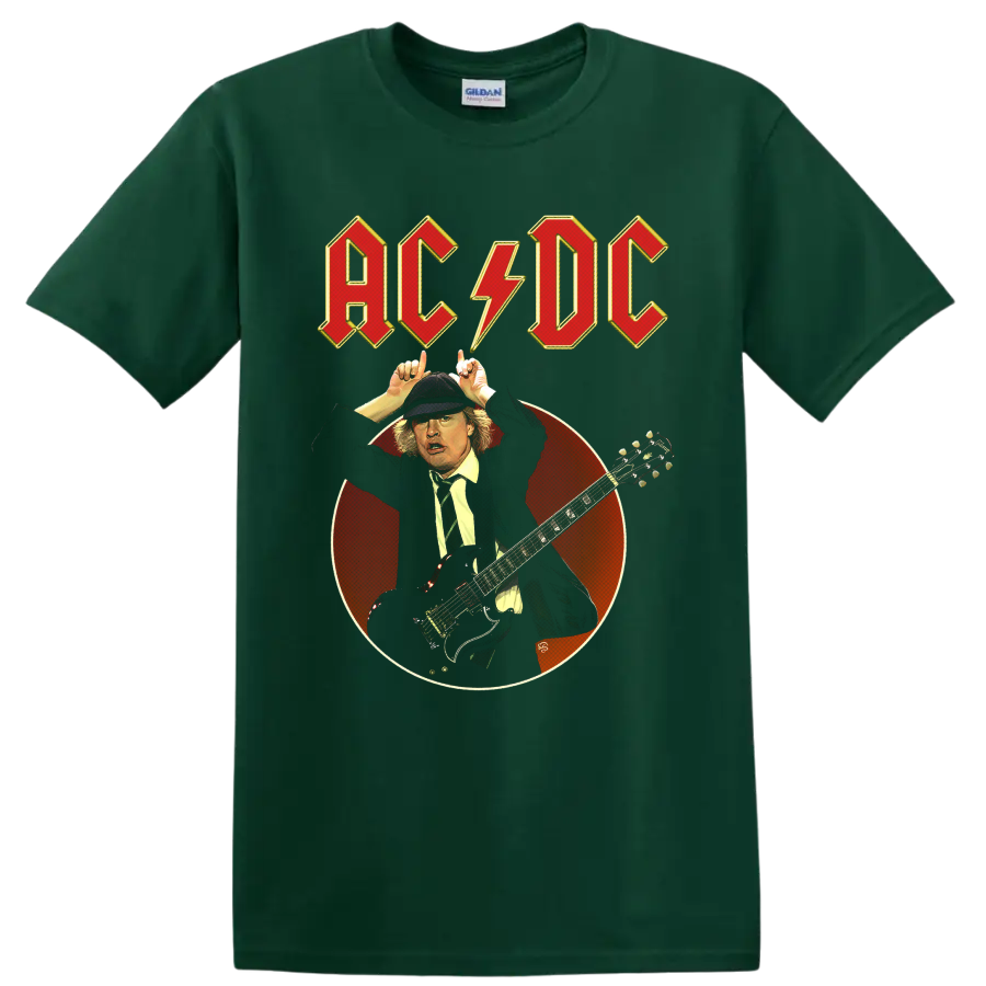 Angus Young AC/DC guitar portrait with lightning bolt logo and vintage red circle on a Forest Green T Shirt