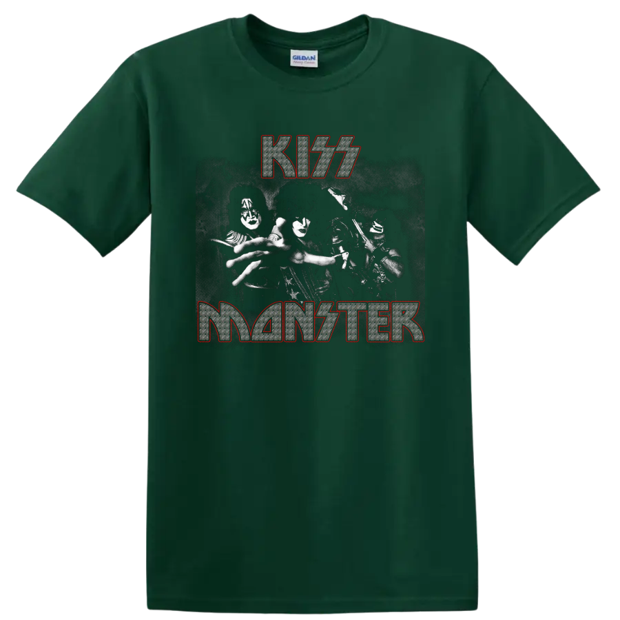KISS Monster graphic with face-painted band image and distressed metallic lettering on a Forest Green T Shirt