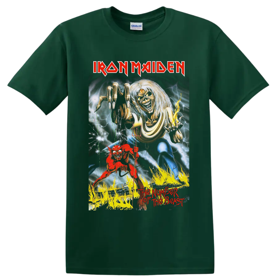 Painted Iron Maiden Eddie the Head with devil puppet, lightning, and flames on a Forest Green T Shirt