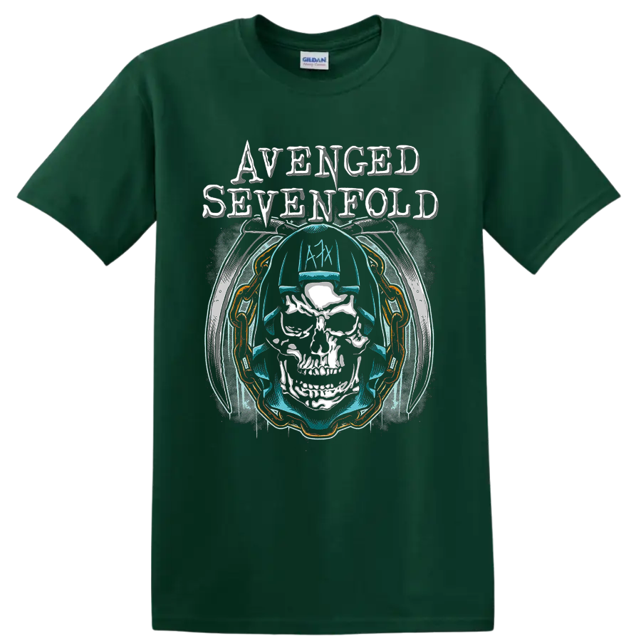 Avenged Sevenfold Holy Reaper skull wearing headphones with distressed band lettering on a Forest Green T Shirt
