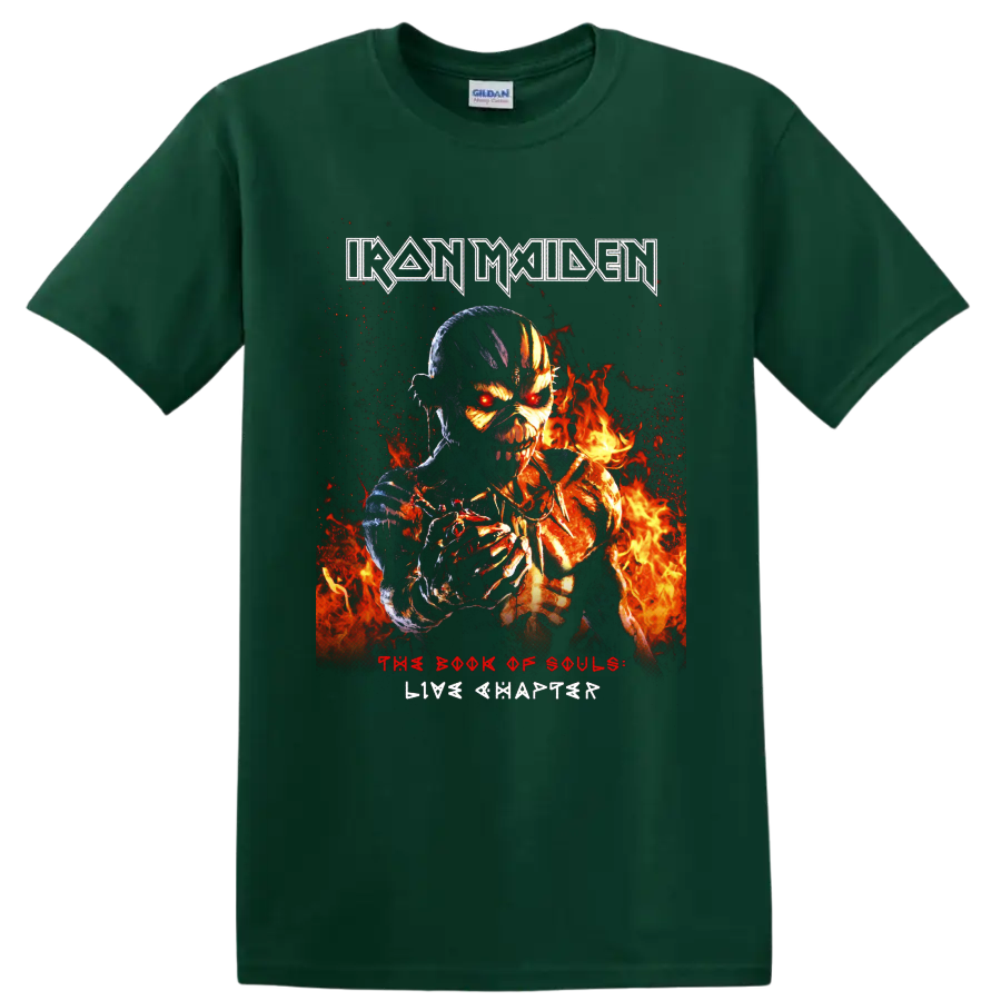 Iron Maiden Eddie in fiery skeletal artwork with The Book of Souls Live Chapter text on a Forest Green T Shirt