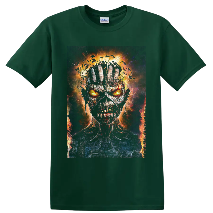 Eddie the Head fiery skull portrait with glowing eyes and cosmic embers on a Forest Green T Shirt