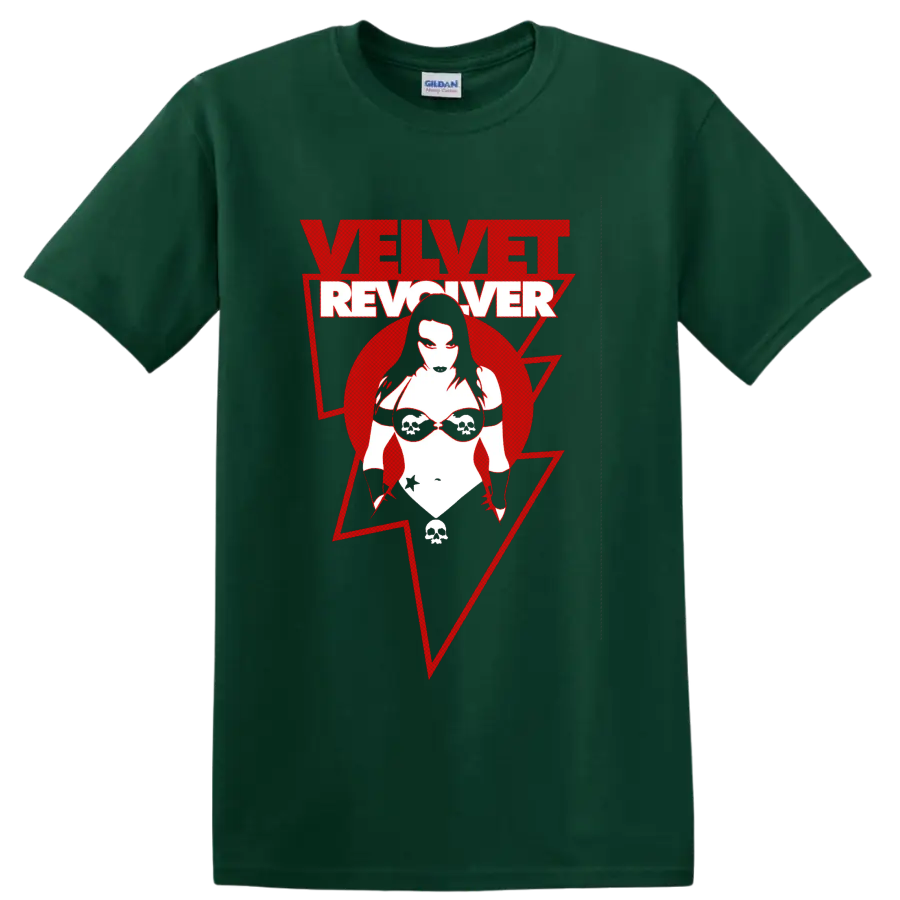 Velvet Revolver red and white distressed logo with stylized skull sunglasses figure on a Forest Green T Shirt