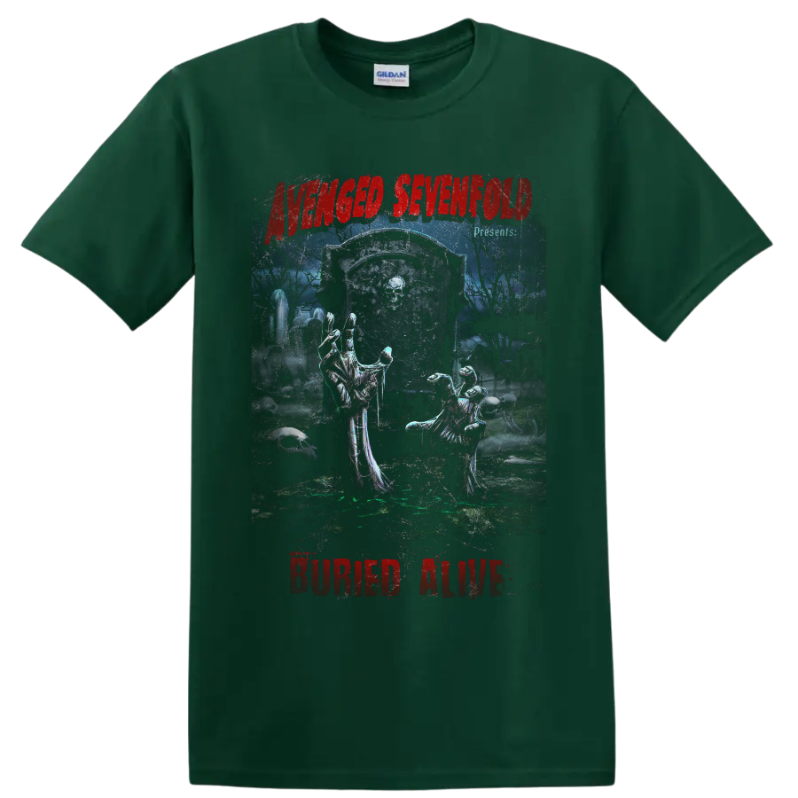 Avenged Sevenfold Buried Alive gothic graveyard art with skeletal hands and tombstone on a Forest Green T Shirt