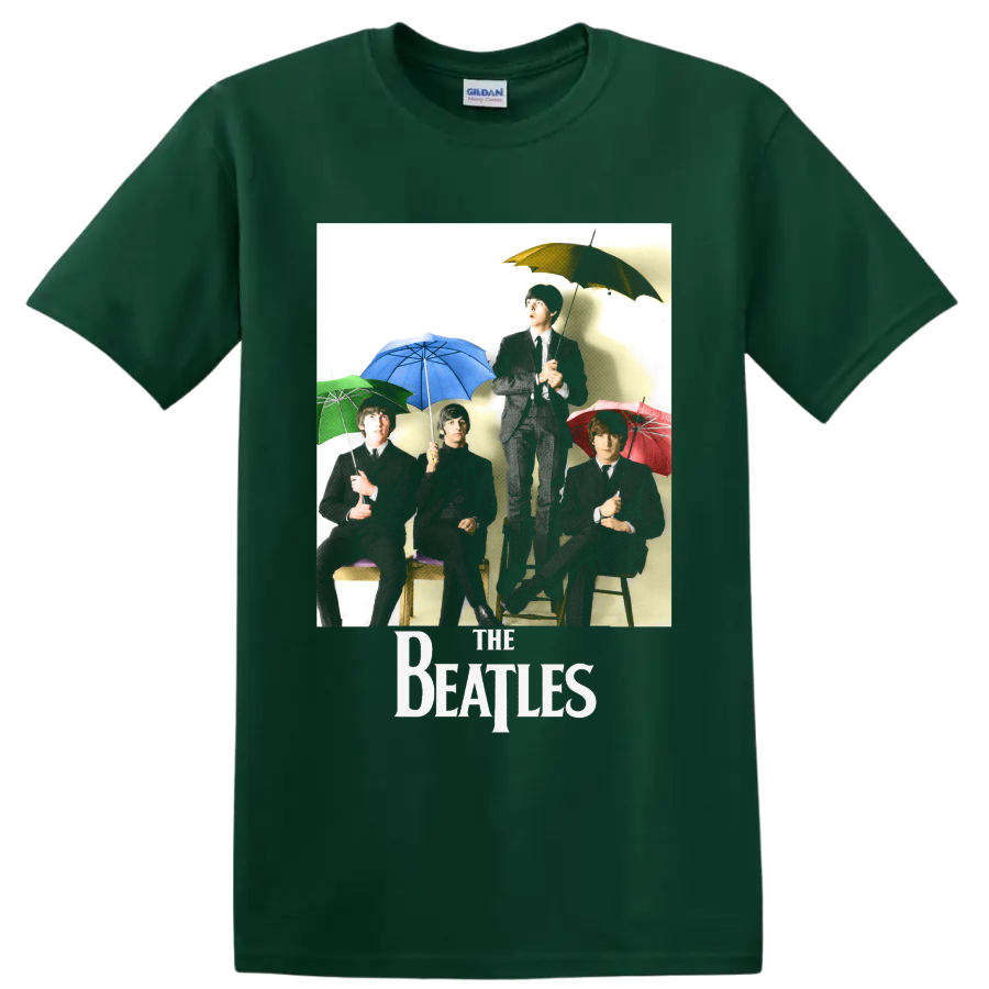The Beatles vintage-style band portrait with colorful umbrellas and The Beatles logo on a Forest Green T Shirt