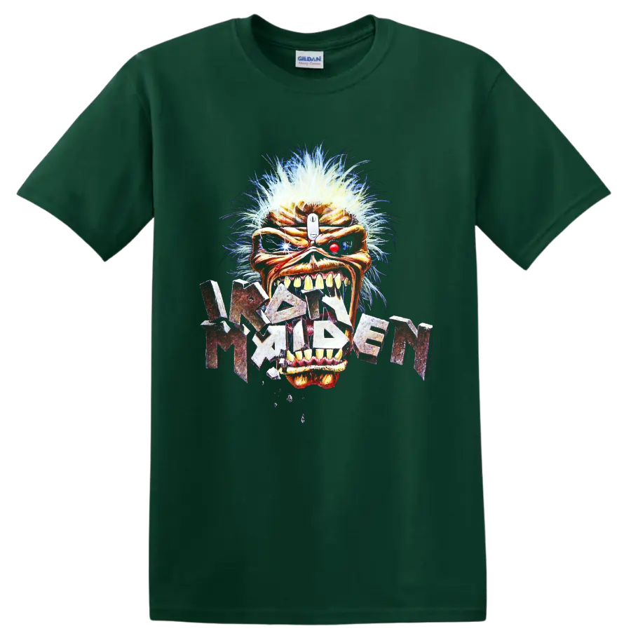 Iron Maiden Eddie the Head cybernetic-style heavy metal graphic with distressed band on a Forest Green T Shirt