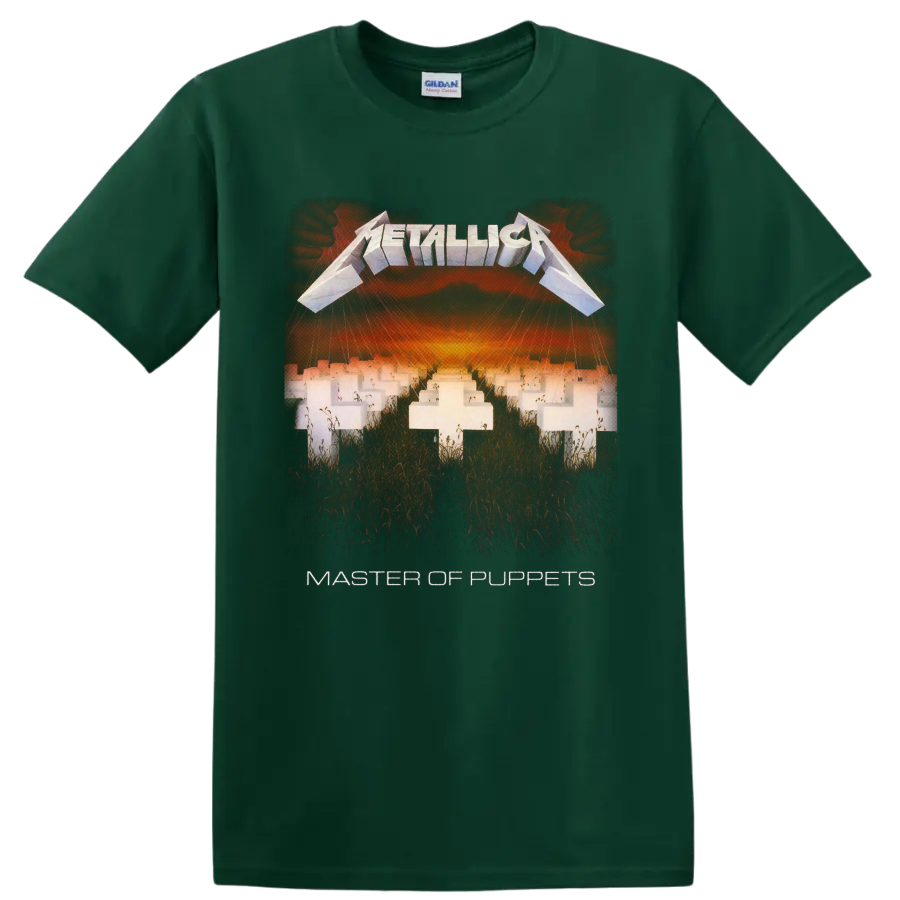 Metallica Master of Puppets cemetery album art with white crosses and fiery sky on a Forest Green T Shirt