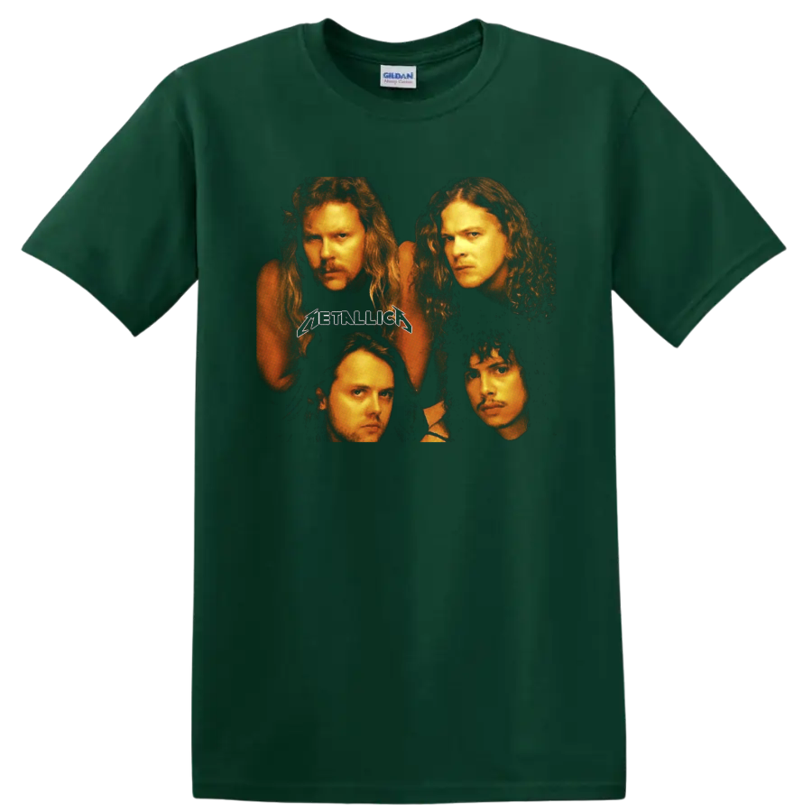Metallica four-member portrait graphic with classic Metallica logo on a Forest Green T Shirt
