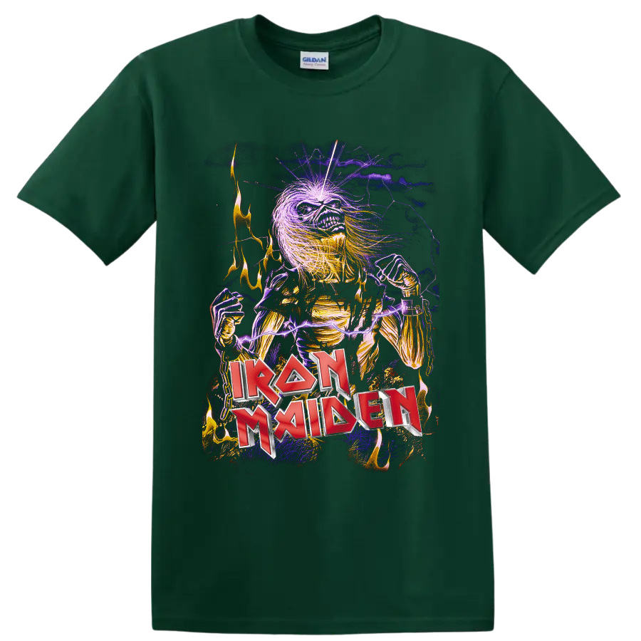 Iron Maiden Eddie skeleton with purple lightning, flames, chains, and red band logo on a Forest Green T Shirt