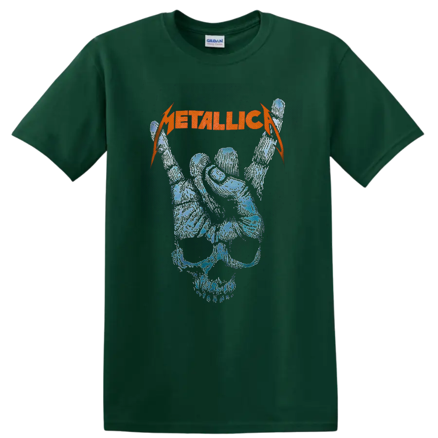 Metallica orange logo above a distressed blue skull with raised skeletal rock hand on a Forest Green T Shirt