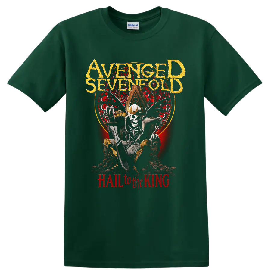 Avenged Sevenfold Hail to the King crowned skeleton gothic graphic print on a Forest Green T Shirt