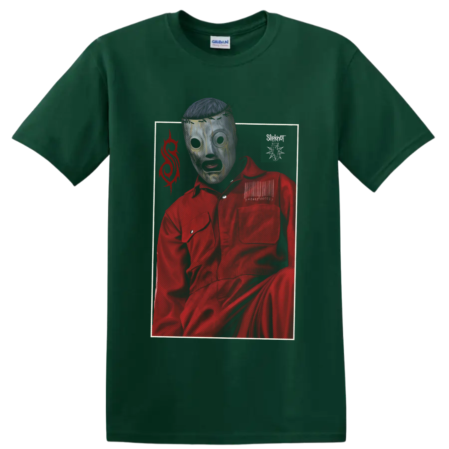 Corey Taylor Slipknot mask portrait in a red jumpsuit with distressed metal artwork on a Forest Green T Shirt