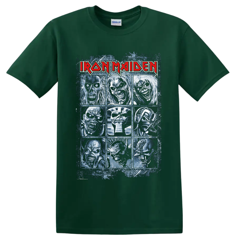 Iron Maiden Eddie the Head nine-portrait distressed heavy metal graphic on a Forest Green T Shirt