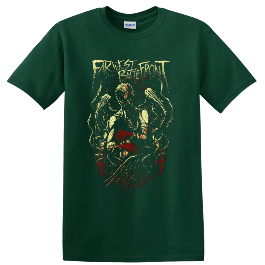 Farthest Battlefront distressed metal logo above spectral figures and red splatter on a Forest Green T Shirt