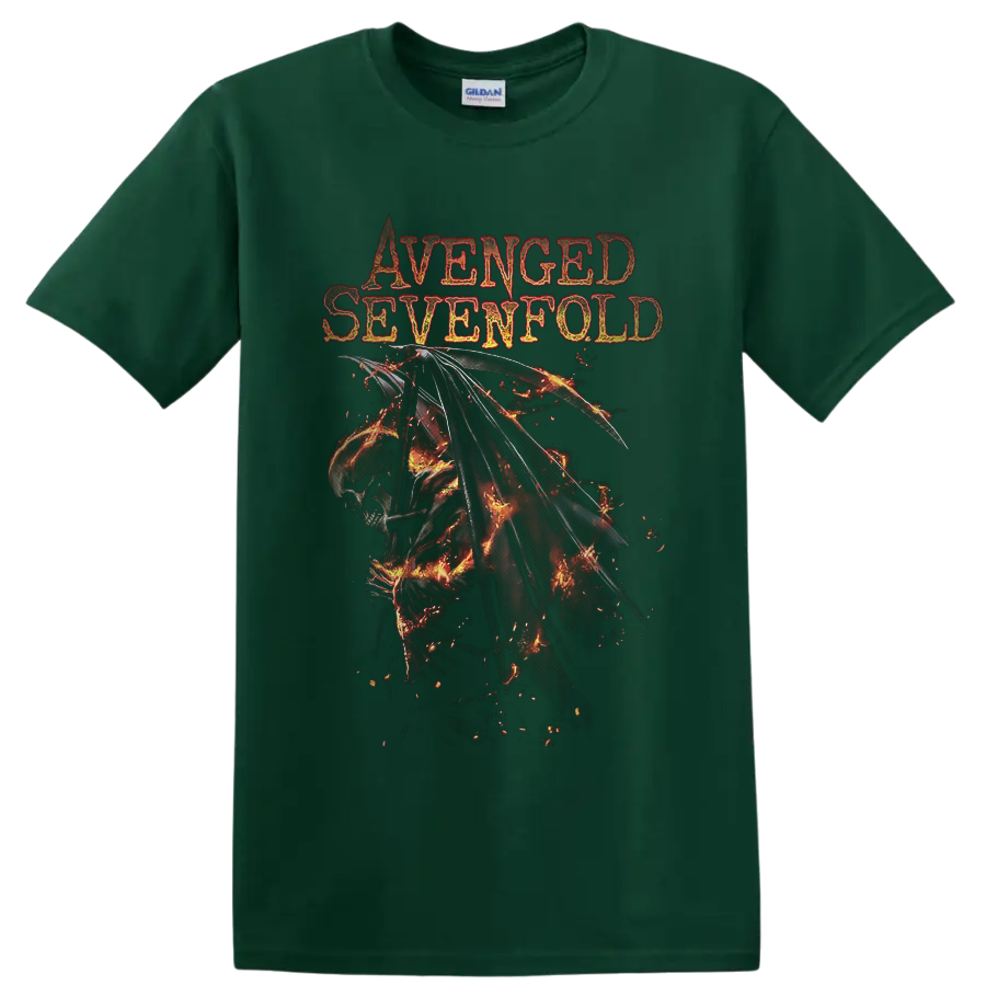 Avenged Sevenfold Deathbat with flaming wings and distressed gothic band lettering on a Forest Green T Shirt