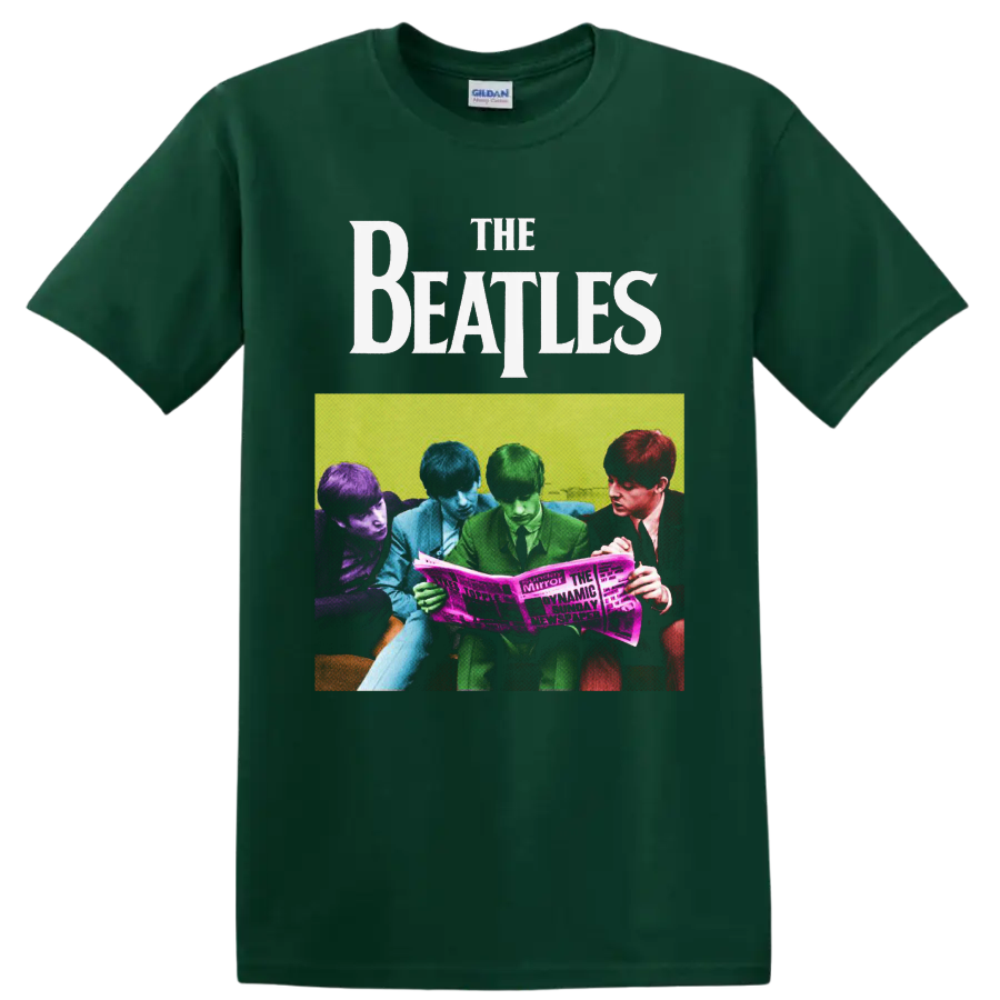 The Beatles colorized group photo reading a newspaper in retro pop-art style on a Forest Green T Shirt