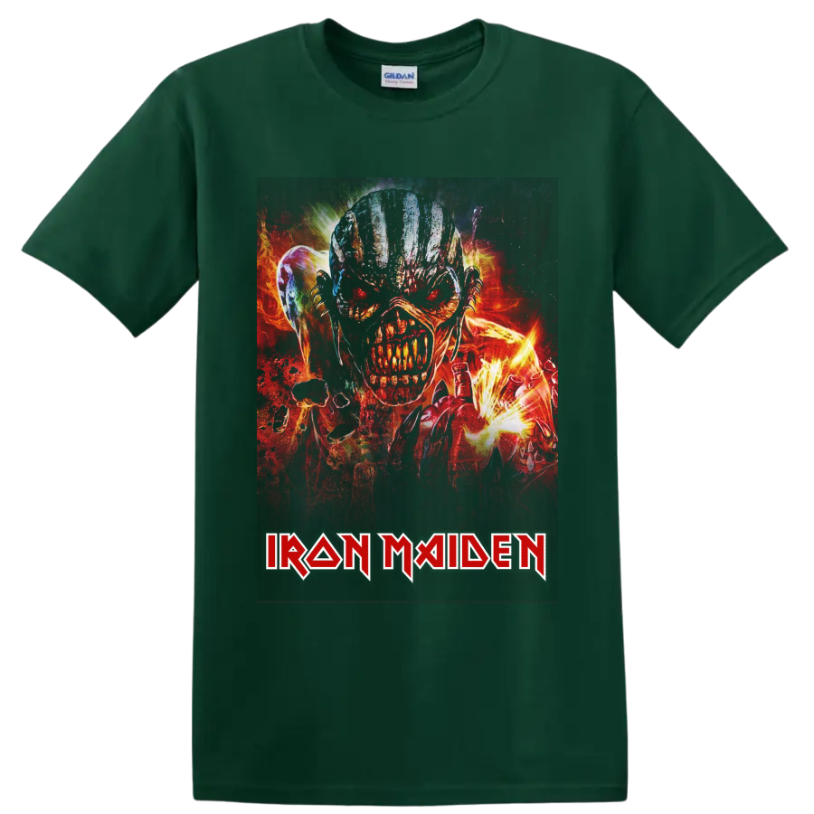 Fiery Eddie the Head heavy metal illustration with Iron Maiden logo on a Forest Green T Shirt