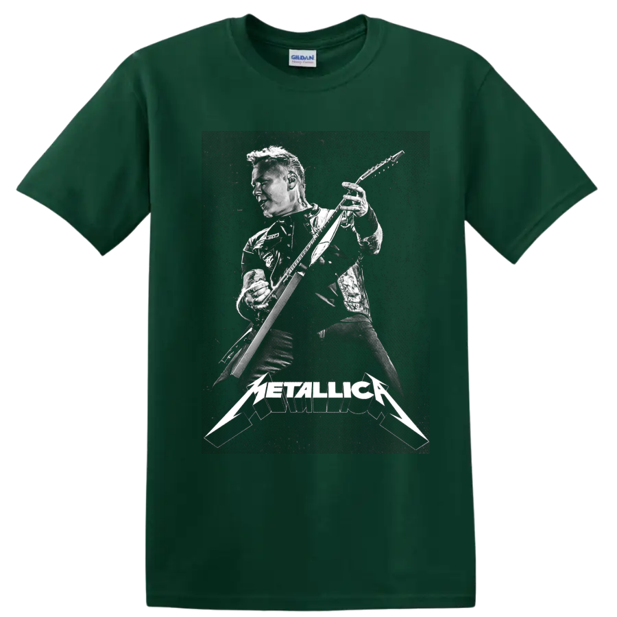 James Hetfield playing guitar in gritty monochrome with Metallica logo on a Forest Green T Shirt