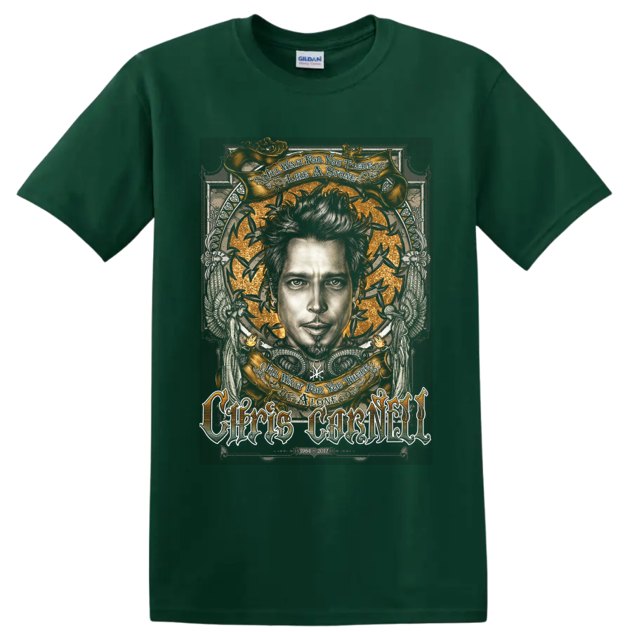 Chris Cornell gothic memorial portrait with gold banners, birds, wings, and tribute on a Forest Green T Shirt
