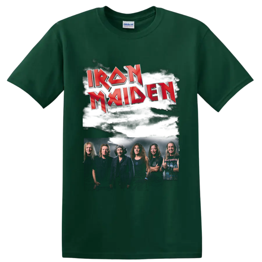 Iron Maiden red metallic logo above a smoky band group photo on a Forest Green T Shirt