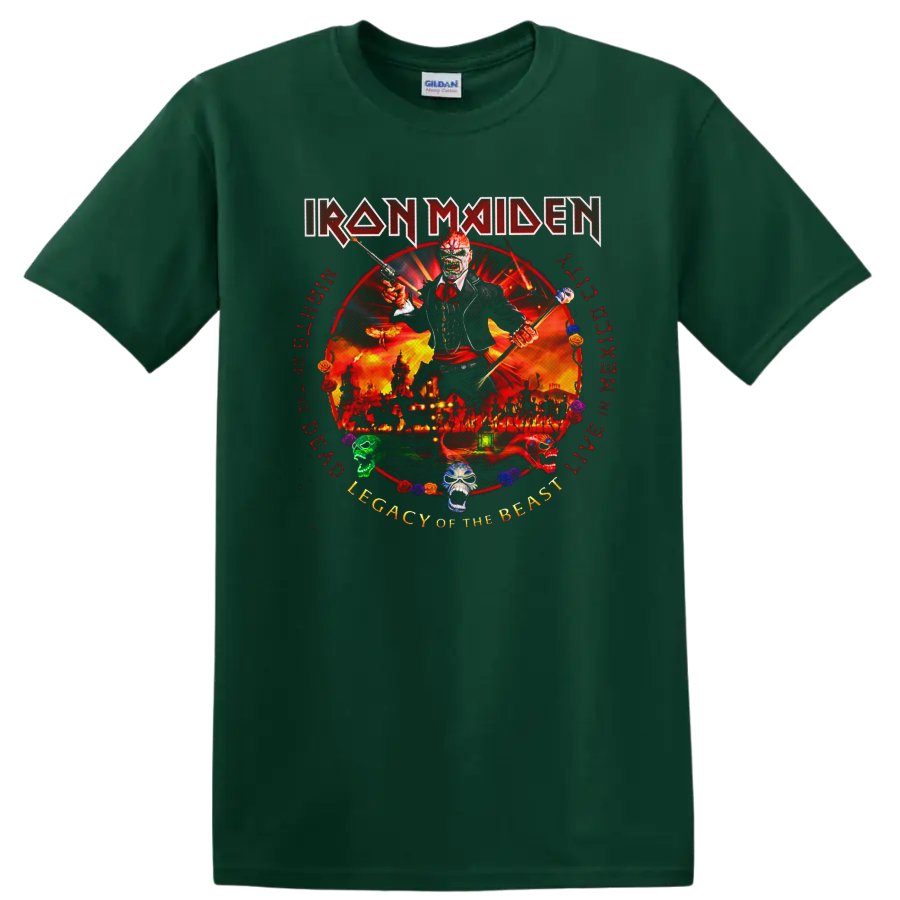 Iron Maiden Eddie in fiery Legacy of the Beast live artwork with skulls and roses on a Forest Green T Shirt