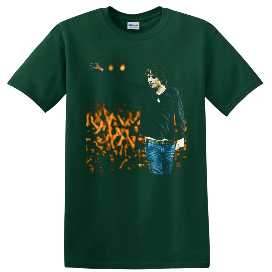 Chris Cornell live concert portrait with raised arm and glowing crowd backdrop on a Forest Green T Shirt